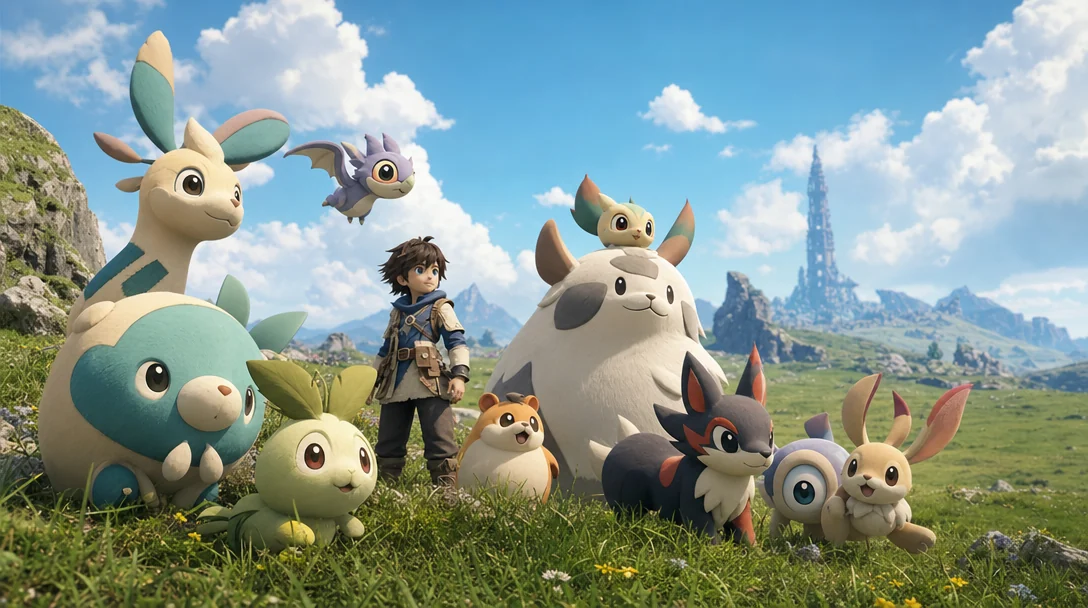 Key art of an explorer surrounded by soft cartoon creature companions in a sunlit meadow, generated from a prompt