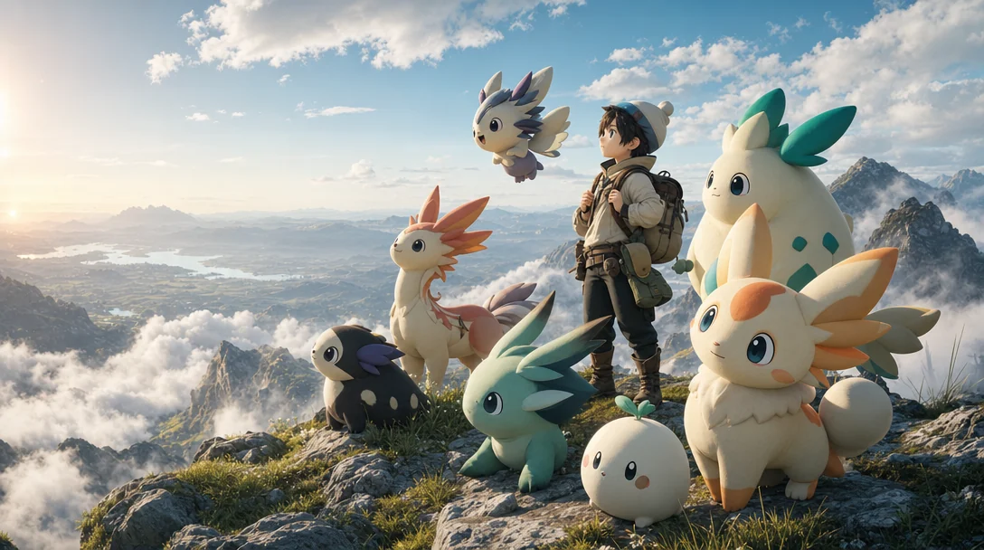 Key art of creature companions on a high ridge above a cloud-filled valley, generated from a prompt