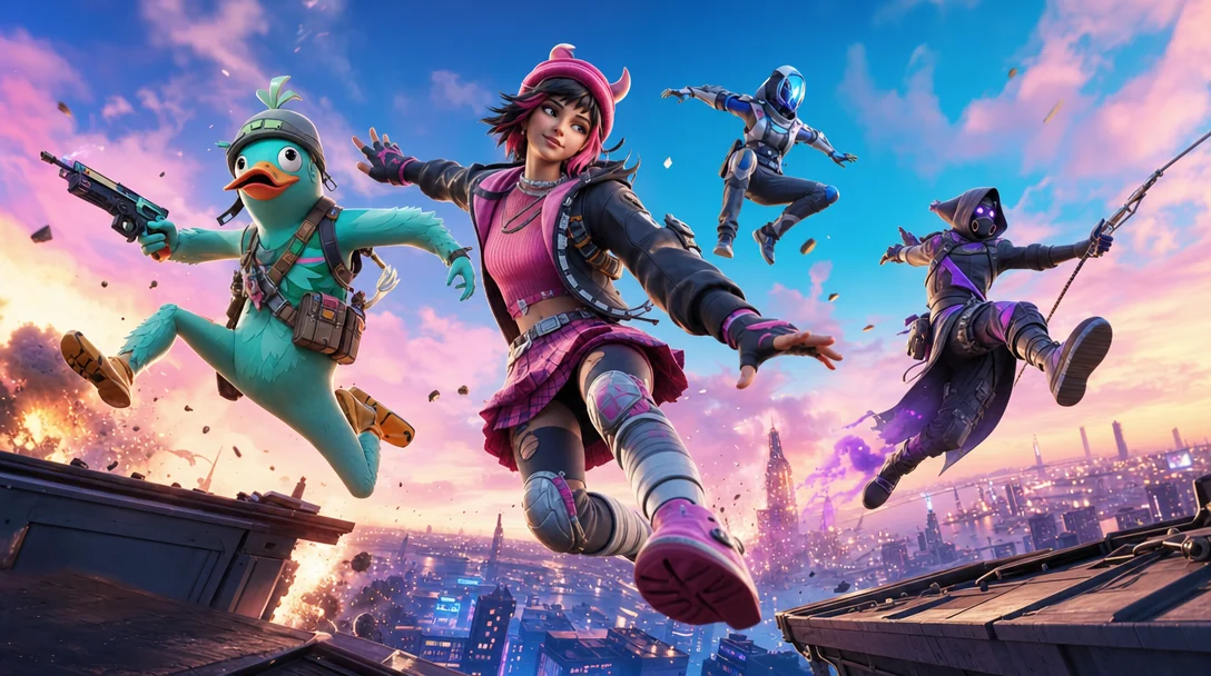 Key art of a costumed squad leaping between rooftops at dusk, generated from a prompt