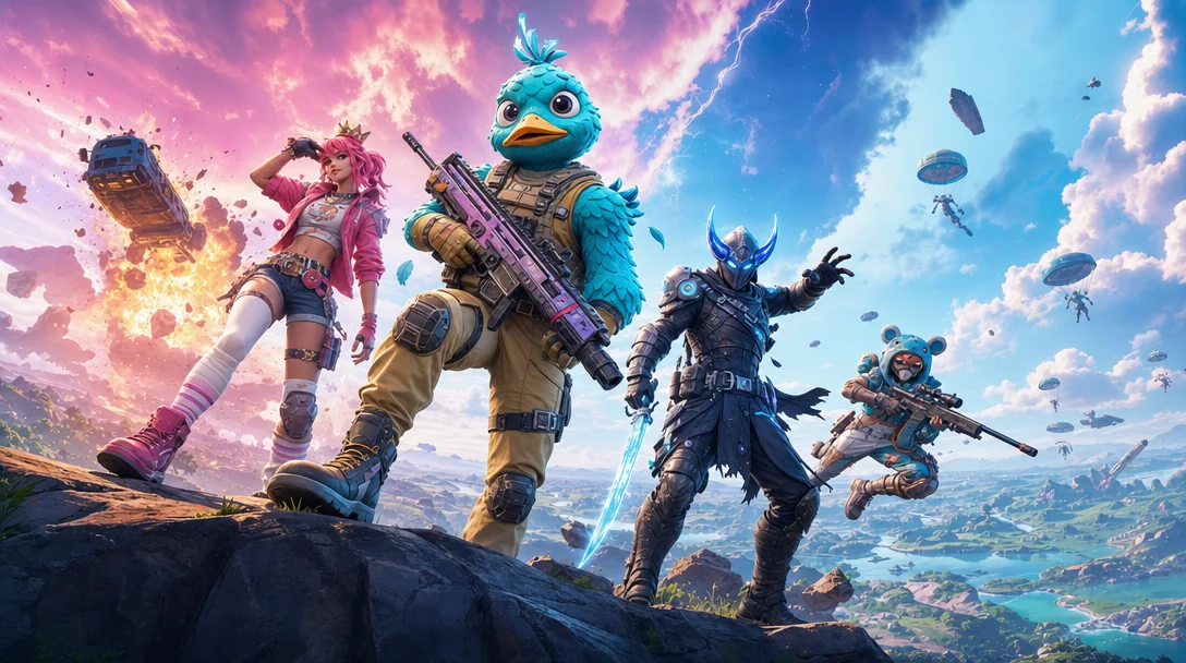 Key art of a costumed squad on a ridge under a bright gradient sky, generated from a prompt
